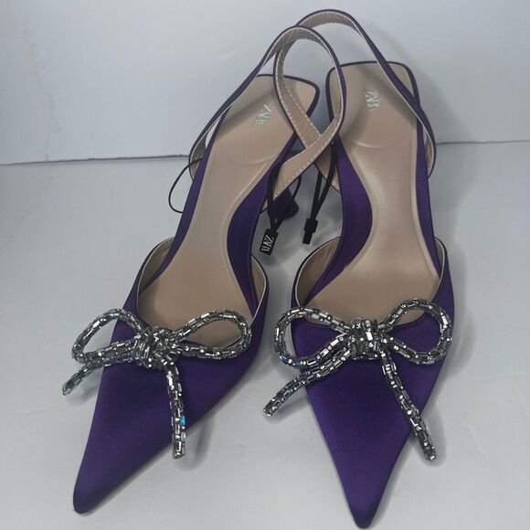 ZARA 💜 EMBELLISHED RHINESTONE BOW HEELED SLINGBACKS-  Size 9 Purple 🔥 - Picture 8 of 13